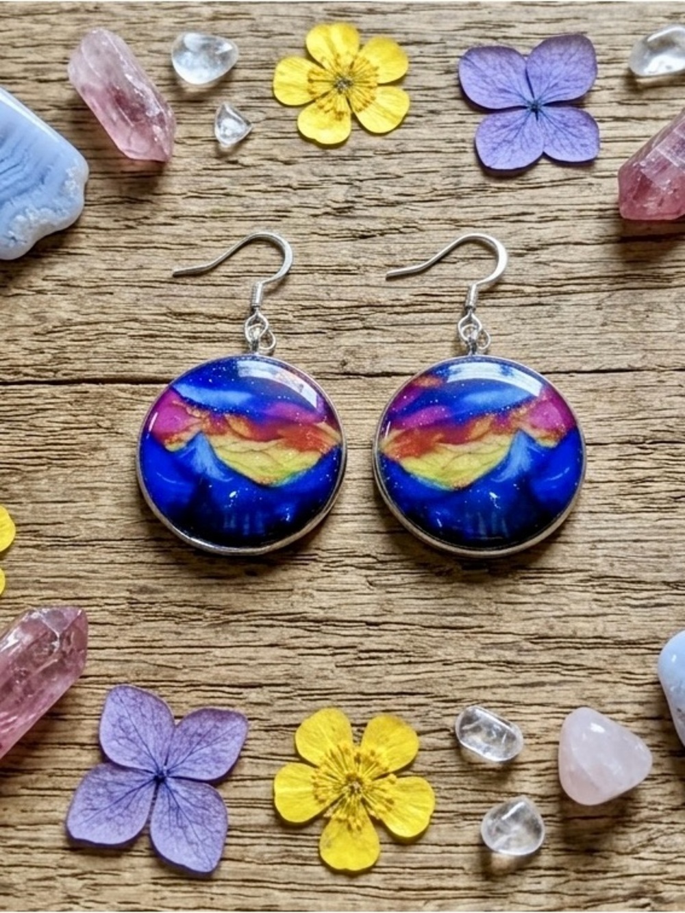 Vibrant Blue Multicolor Galaxy Drop Earrings - Artist-Made